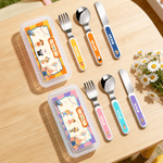 Personalised Colourful Circus Animals Pattern Fork Spoon Knife 3 Pcs Cutlery Set with Name and Case Daily Use Back to School Birthday Gift for Kid