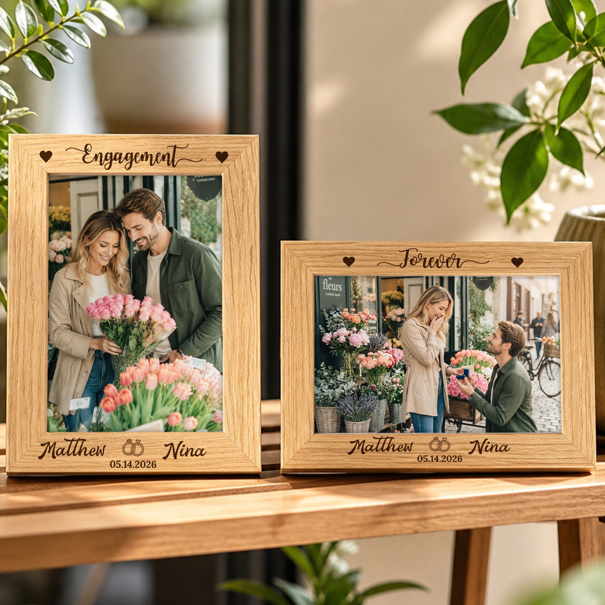Individuell gestalteter Holz-Fotorahmen in Herzform mit eingraviertem Titel, Namen und Datum – Geschenk zur Verlobung, zum Jahrestag oder für Paare und zukünftige Bräute