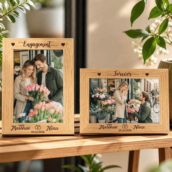 Personalized Heart Ring Design Wooden Photo Frame with Engraved Title Name and Date Engagement Proposal Anniversary Gift for Couple Bride to Be