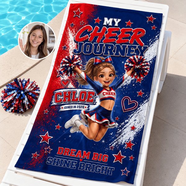 Personalized Cute Cheerleader Photo 3D-Style Character Artwork Quick Dry Beach Towel with Name Beach Team Birthday Gift for Cheerleaders Coaches