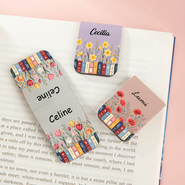 Personalised Multicolour Birth Flower Book-Themed Magnetic PU Leather Bookmark Clip with Name Back to School Birthday Gift for Reading Enthusiasts