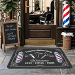 Paillasson multicolore personnalisé sur le thème de la coiffure, avec le nom du salon, un slogan et l'année – Accessoire de salon de coiffure – Cadeau d'ouverture pour coiffeur ou barbier