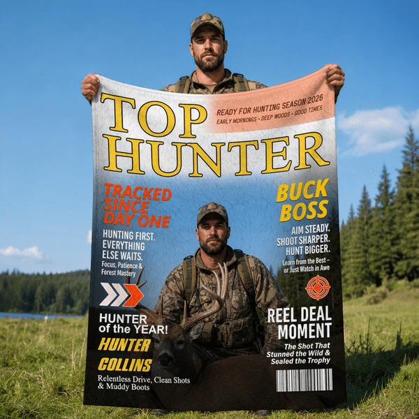 Personalised Top Hunter Magazine Photo Soft Throw Blanket with Name Home Decor Birthday Hunting Season Gift for Man