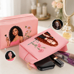 Trousse de maquillage personnalisée en cuir synthétique, multicolore, semi-réaliste, sur le thème du Far-West, avec photo, prénom et fermeture à glissière – Indispensables de voyage – Cadeau d’anniver