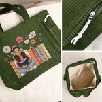 Personalised Floral Book Cartoon Character Photo Large Capacity Corduroy Tote Bag with Name Anniversary Birthday Gift for Woman Book Lover