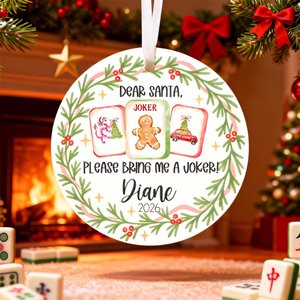 Personalised Watercolor Wreath Mahjong Tile Ceramic Ornament with Name and Year Home Decor Christmas Gift for Family Friends Mahjong Enthusiasts