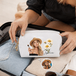 Trousse de maquillage personnalisée en cuir synthétique, multicolore, semi-réaliste, sur le thème du Far-West, avec photo, prénom et fermeture à glissière – Indispensables de voyage – Cadeau d’anniver