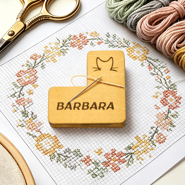 Personalised Engraved Line Cat Name L-Shaped Basswood Magnetic Needle Minder Cross Stitch Accessories Birthday Gift for Embroidery Sewing Lovers