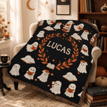 Personalised Faux 3D Embroidered Print Reading Ghosts Soft Tassel Throw Blanket with Name Home Decor Halloween Birthday Gift for Bookworm Book Lovers