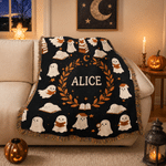 Personalised Faux 3D Embroidered Print Reading Ghosts Soft Tassel Throw Blanket with Name Home Decor Halloween Birthday Gift for Bookworm Book Lovers