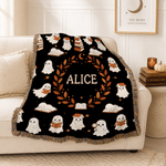 Personalised Faux 3D Embroidered Print Reading Ghosts Soft Tassel Throw Blanket with Name Home Decor Halloween Birthday Gift for Bookworm Book Lovers