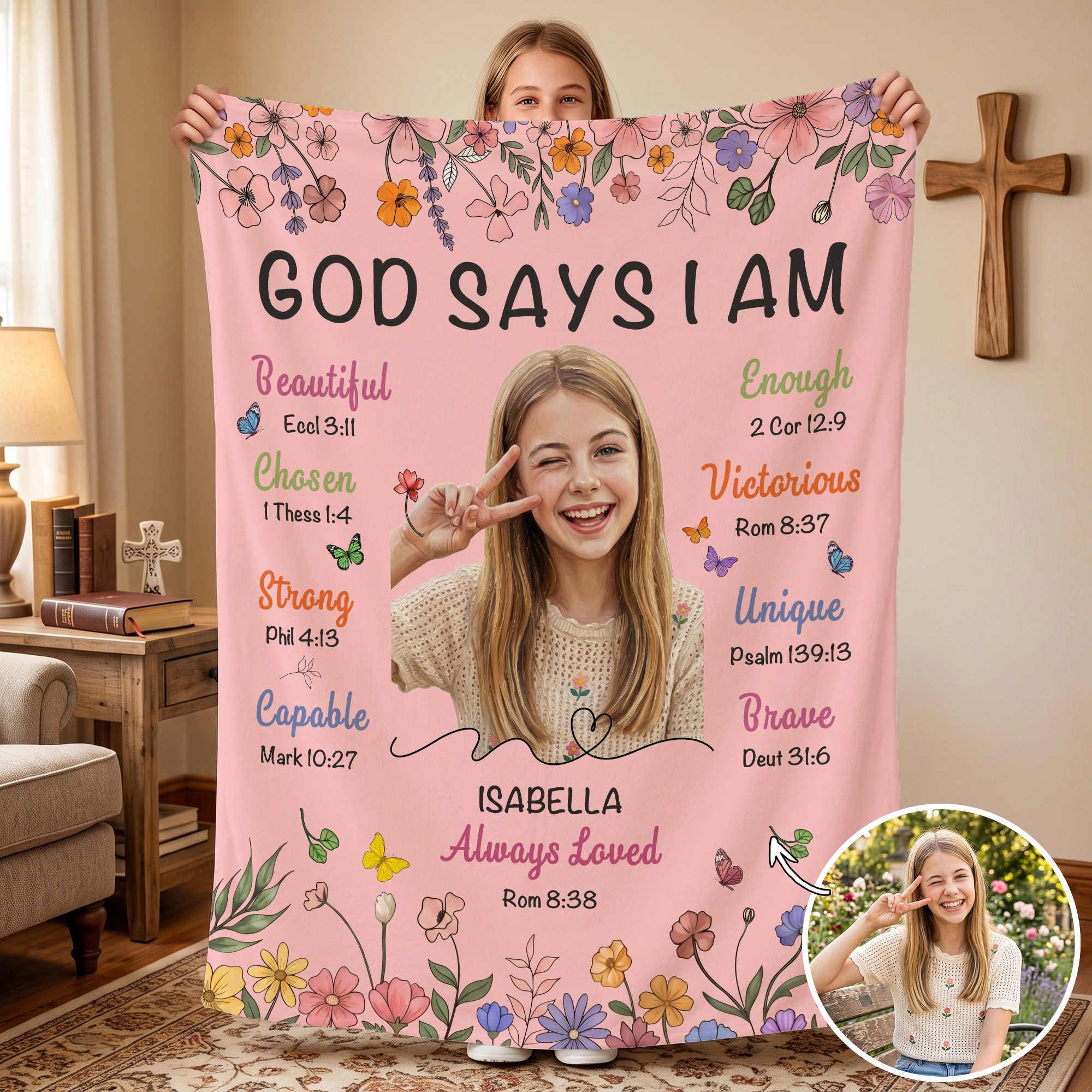 Personalisierte, dick aufgetragene Illustration „God Says I Am“ – weiche Kuscheldecke mit Foto, Text und Namen – Wohnaccessoire und Taufgeschenk für christliche Gläubige