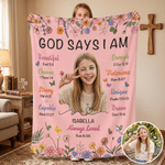 Henkilökohtainen ”God Says I Am” -aiheinen paksulla maalilla maalattu kuvituspeitto, jossa on valokuva, teksti ja nimi – sisustustuote ja kaste-lahja kristityille uskoville