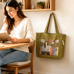 Personalised Floral Book Cartoon Character Photo Large Capacity Corduroy Tote Bag with Name Anniversary Birthday Gift for Woman Book Lover