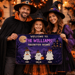 Personalized Welcome To Haunted Home Ghost Doormat with 2-6 Names and Family Name Home Decoration Halloween Gift for Family Friends