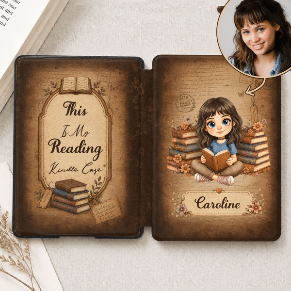 Personalised 3D-Effect Artwork Cartoon Reading Character Kindle Case with Name for Multiple Models Daily Use Birthday Gift for Book Lover Bookworm