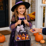 Personalized Pumpkin Ghost 3D-Effect Artwork Photo Large Capacity Transparent Tote Bag with Bow and Name Halloween Gift for Kids