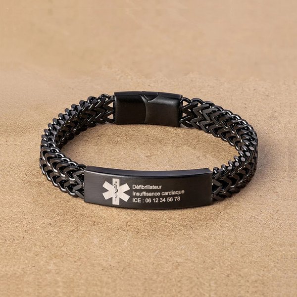 Bracelet d'alerte médicale personnalisé avec 3 lignes du texte gravées - Cadeau pour les seniors et les patients