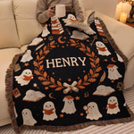 Personalised Faux 3D Embroidered Print Reading Ghosts Soft Tassel Throw Blanket with Name Home Decor Halloween Birthday Gift for Bookworm Book Lovers