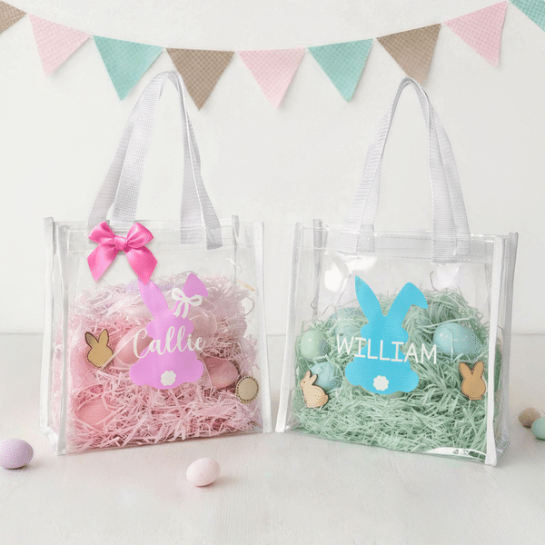 Personalised Cute Bunny Silhouette Reusable Transparent Tote Bag with Handle and Name Egg Hunting Party Easter Gift for Toddler Kid