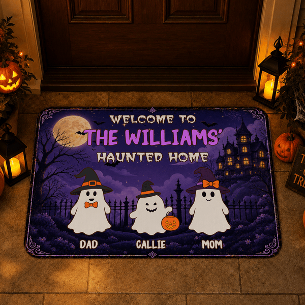Personalized Welcome To Haunted Home Ghost Doormat with 2-6 Names and Family Name Home Decoration Halloween Gift for Family Friends