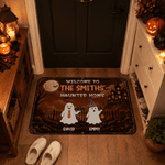 Personalized Welcome To Haunted Home Ghost Doormat with 2-6 Names and Family Name Home Decoration Halloween Gift for Family Friends