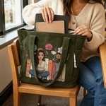 Personalised Floral Book Cartoon Character Photo Large Capacity Corduroy Tote Bag with Name Anniversary Birthday Gift for Woman Book Lover