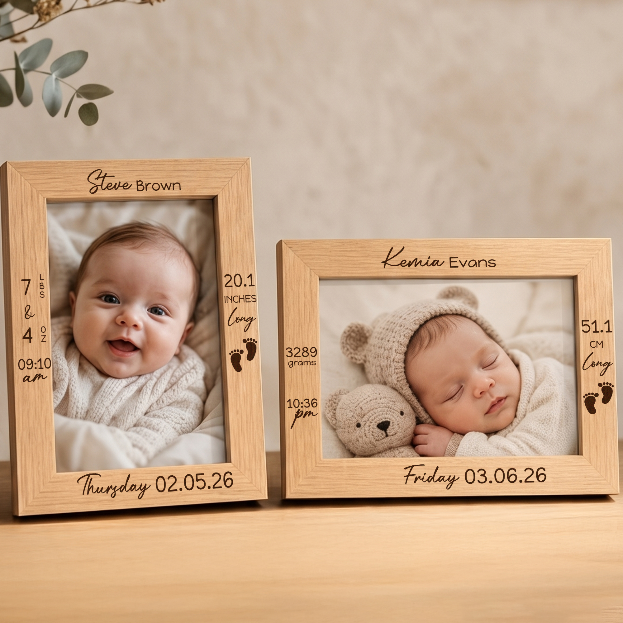 Individuell gravierter Holz-Fotorahmen mit Fußabdruck, Foto, Namen und Geburtsdaten – Wohnaccessoire und Babyparty-Geschenk für frischgebackene Eltern und Neugeborene