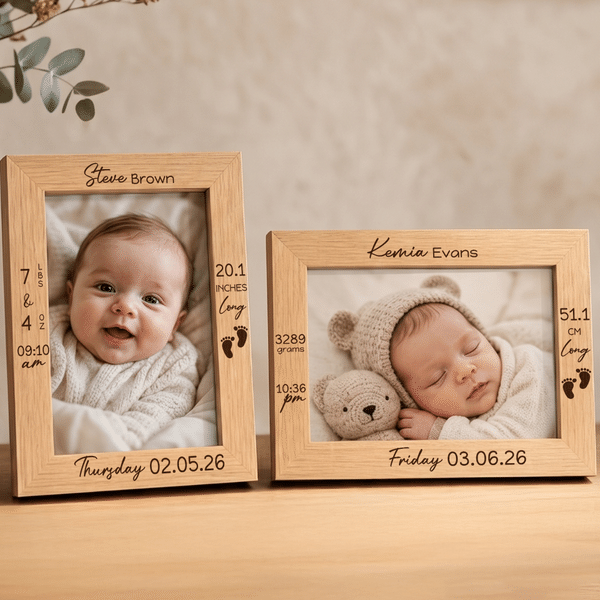 Personalized Engraved Footprint Wooden Photo Frame with Photo Name and Birth Information Home Decor Baby Shower Gift for New Parents Newborns