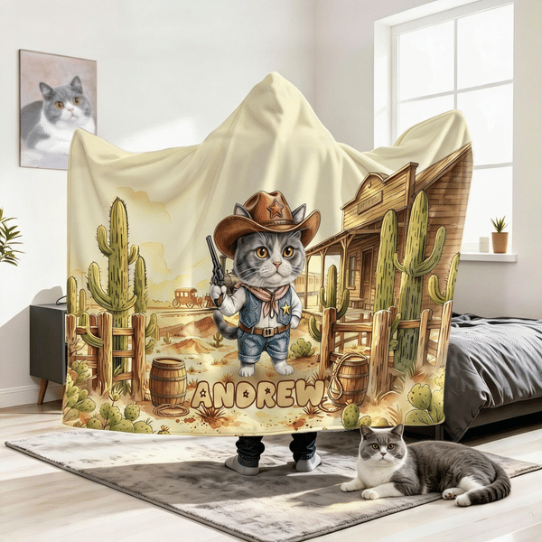 Personalised Western Cowboy Style Pet Photo Soft Hooded Blanket with Name Home Decor Birthday Gift for Family Kid Pet Lover