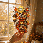 Personalized Halloween Pumpkin Maple Leaf Window Hanging Suncatcher with Title and Name Home Decor Halloween Gift for Grandma Family
