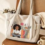 Personalised Floral Book Cartoon Character Photo Large Capacity Corduroy Tote Bag with Name Anniversary Birthday Gift for Woman Book Lover