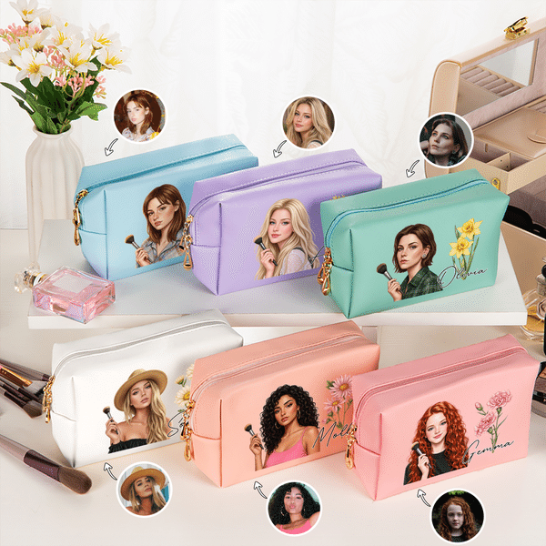 Personalised Multicolour Semi-Realistic Western Character PU Leather Makeup Bag with Photo Name and Zipper Travel Essentials Birthday Gift for Women