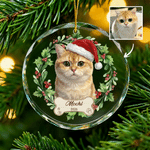 Personalized Wreath Christmas Hat Pet Photo Acrylic Glass Ornament with Name and Year Tree Decoration Christmas Gift for Pet Lovers Friends