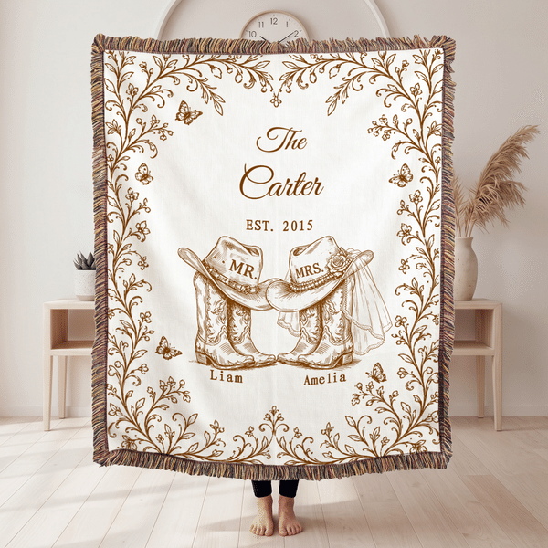 Personalized Western Mr and Mrs Cowboy Boots Tassel Soft Throw Blanket with Family Name Date and Name Home Decor Wedding Anniversary Gift for Couple