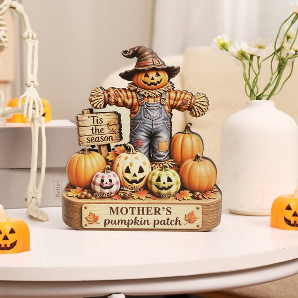 Yksilöllinen, hieno puinen lintumies-kurpitsa-vaahteranlehti-figuuri, johon voi kaivertaa 1–6 nimeä ja lempinimeä – Halloween- tai syntymäpäivälahja isovanhemmille