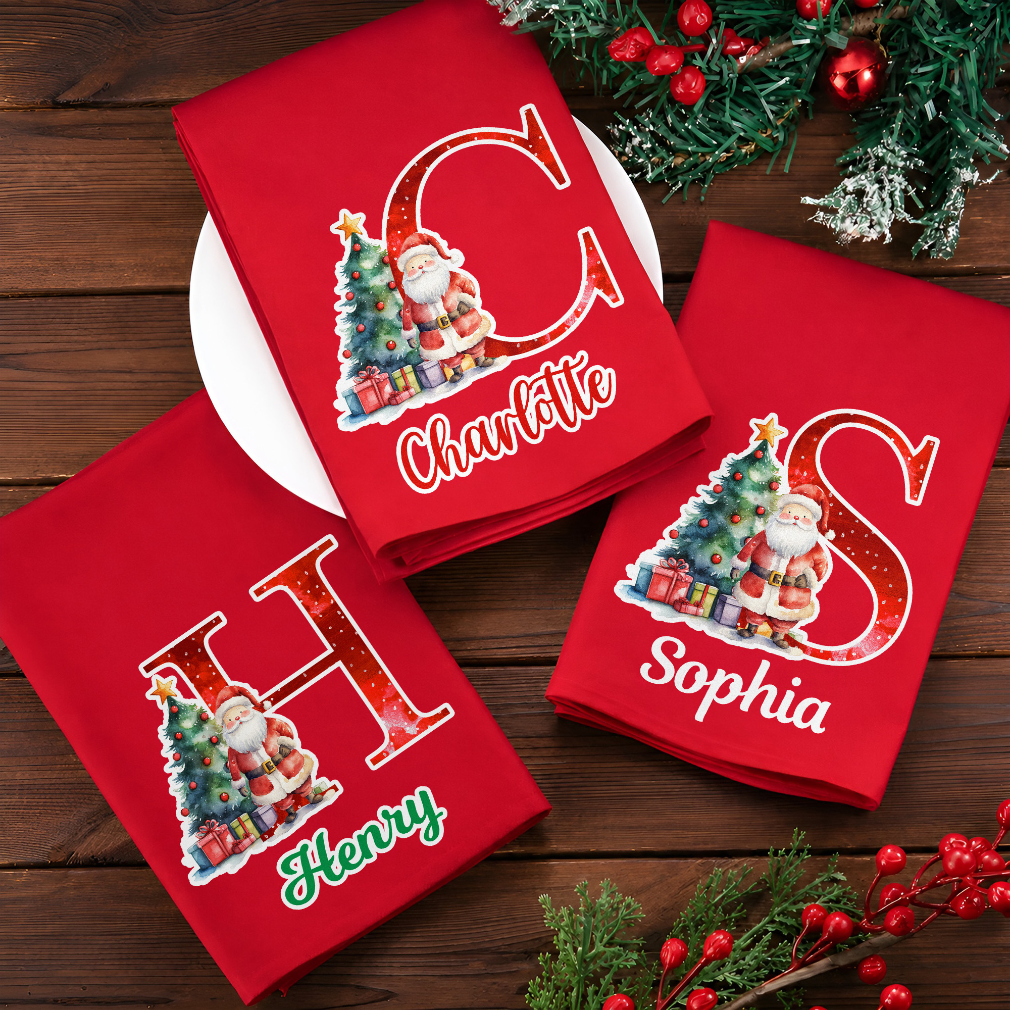 Personalisierte Serviette mit Weihnachtsbaum und -mann | mit Namen und Initiale | festliche Tischdeko | Weihnachtsgeschenk für Familie und Freunde