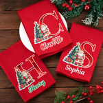 Personalized Christmas Tree Santa Claus Initial Red Table Napkin with Name Table Decor Christmas Gift for Family Friends