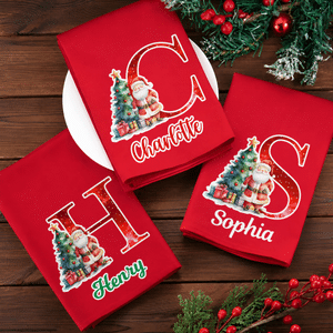 Personalized Christmas Tree Santa Claus Initial Red Table Napkin with Name Table Decor Christmas Gift for Family Friends
