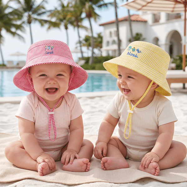 Personalized Summer Theme Gingham Toddler Baby Bucket Hat Sun Hat with Monogram and Name Beach Vacation Gift for Boys Girls