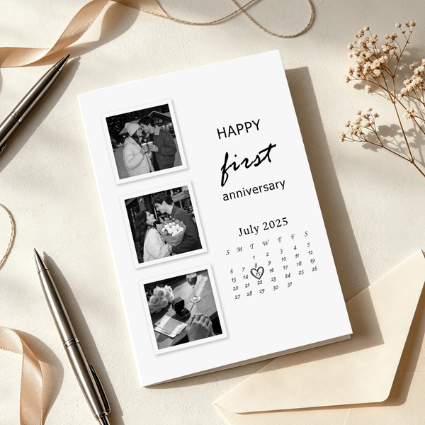 Personalized First Anniversary Calendar Couple Photo Foldable Greeting Card with Year Text and Envelope Wedding 1st Paper Anniversary Gift for Couple