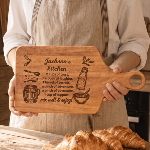 Planche à découper en bois de bambou personnalisée avec gravure « Recettes ludiques », poignée et prénom – Cadeau d'anniversaire pour les amateurs de cuisine et les amis