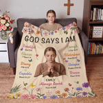 Henkilökohtainen ”God Says I Am” -aiheinen paksulla maalilla maalattu kuvituspeitto, jossa on valokuva, teksti ja nimi – sisustustuote ja kaste-lahja kristityille uskoville