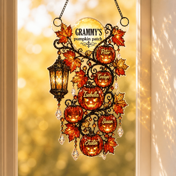 Personalized Halloween Pumpkin Maple Leaf Window Hanging Suncatcher with Title and Name Home Decor Halloween Gift for Grandma Family
