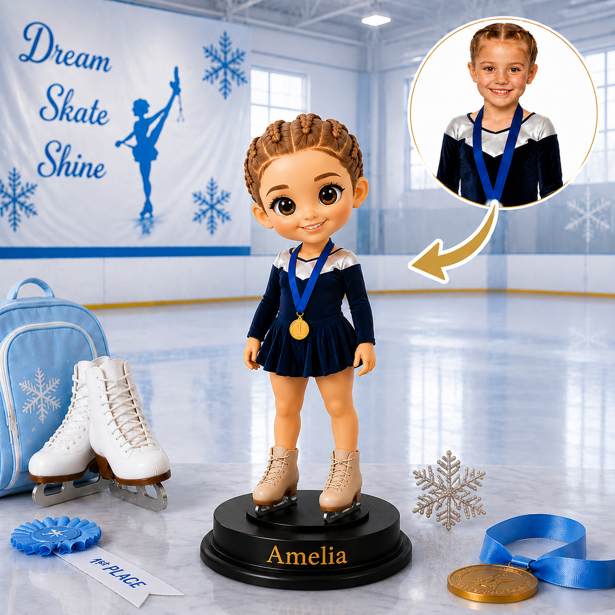 Personalisierte 3D-Figur als Weihnachtsbaumschmuck mit Foto einer Eiskunstlauf-Zeichentrickfigur und Namen – Raumdekoration, Geschenk zum Geburtstag oder Jubiläum für Eiskunstläufer