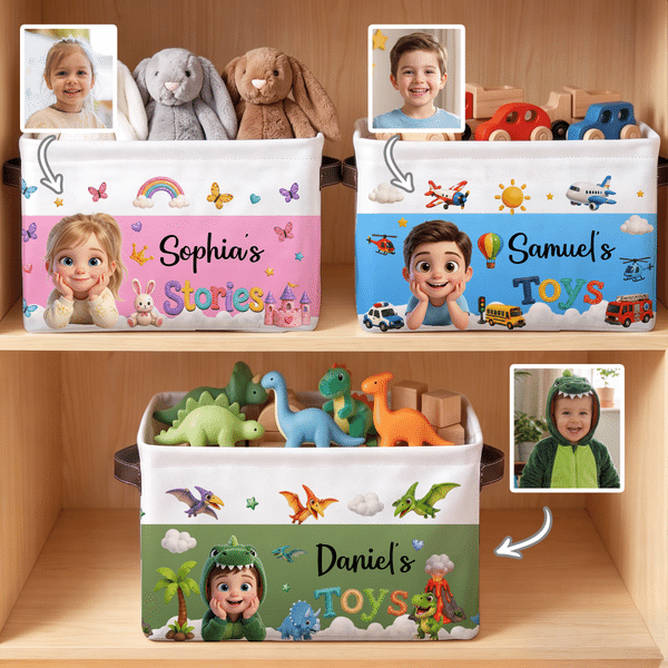 Panier de rangement coloré personnalisé avec illustration de dessin animé en effet 3D, nom et poignée – Décoration d'intérieur, cadeau de Pâques ou d'anniversaire pour enfants