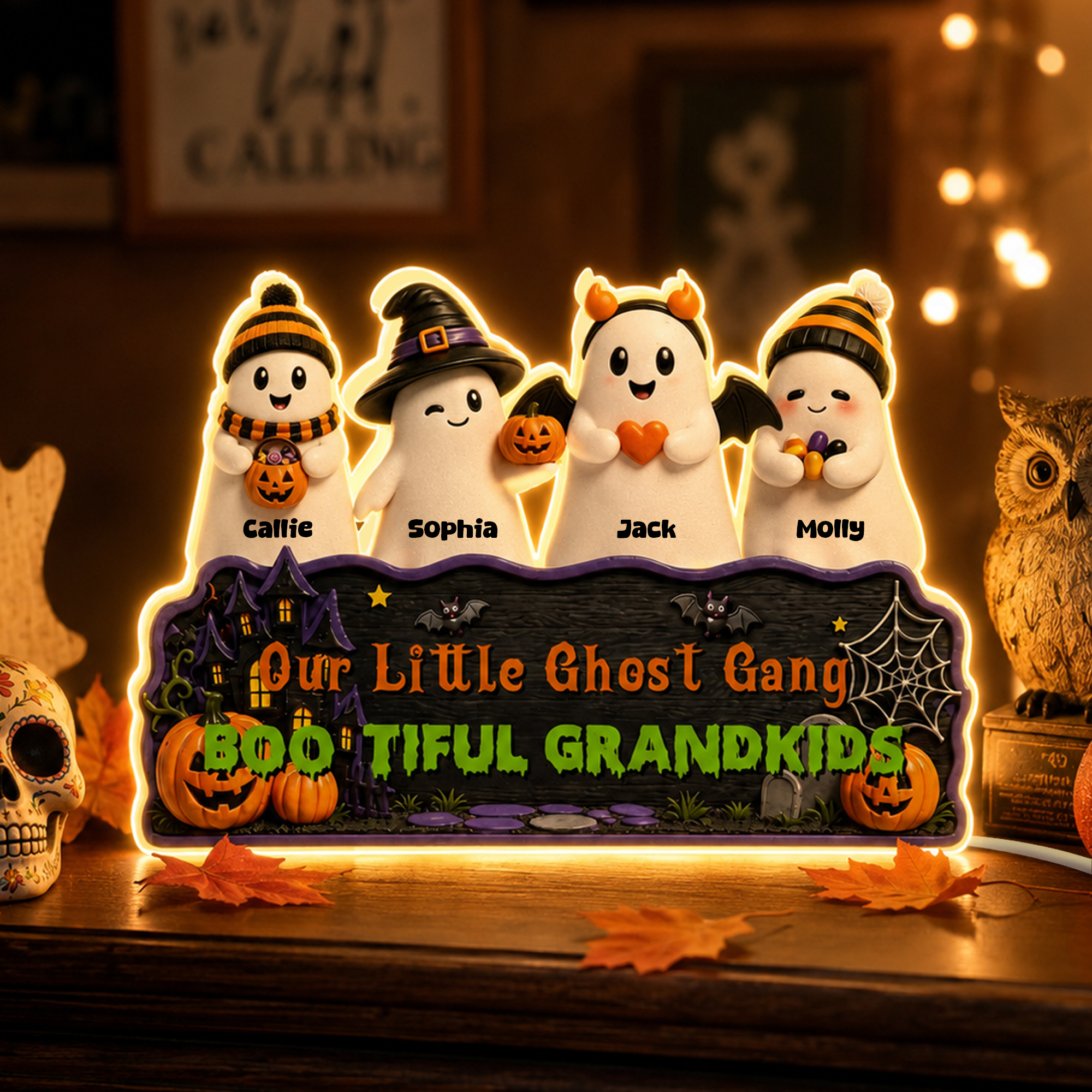 Personalisiertes, niedliches Halloween-LED-Nachtlicht aus Acryl in Form einer Geisterfamilie mit Namen – Wohnaccessoire und Halloween-Geschenk für die Familie und Enkelkinder