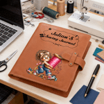 Personalized Sewing Cartoon Character PU Leather Notebook Cover with Name Daily Use Birthday Gift for Sewing Lovers