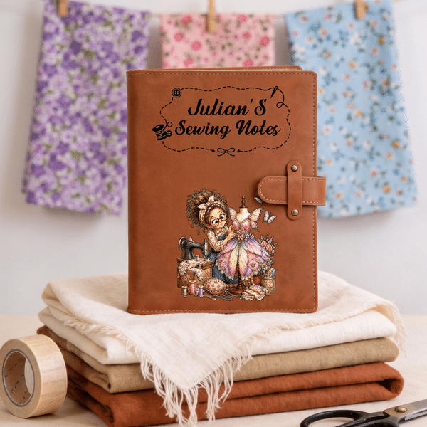 Personalized Sewing Cartoon Character PU Leather Notebook Cover with Name Daily Use Birthday Gift for Sewing Lovers