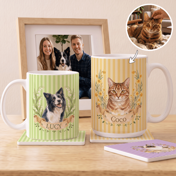 Personalized Birth Flower Pet Photo Design 11 oz 15 oz Ceramic Coffee Mug with Name and Coaster Birthday Anniversary Gift for Pet Owner